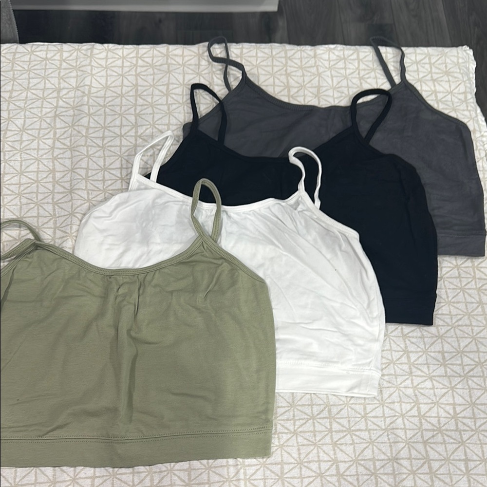 Spaghetti Strap Fitted Crop Tops - Set Of Four - Grey, Black, White, and Green